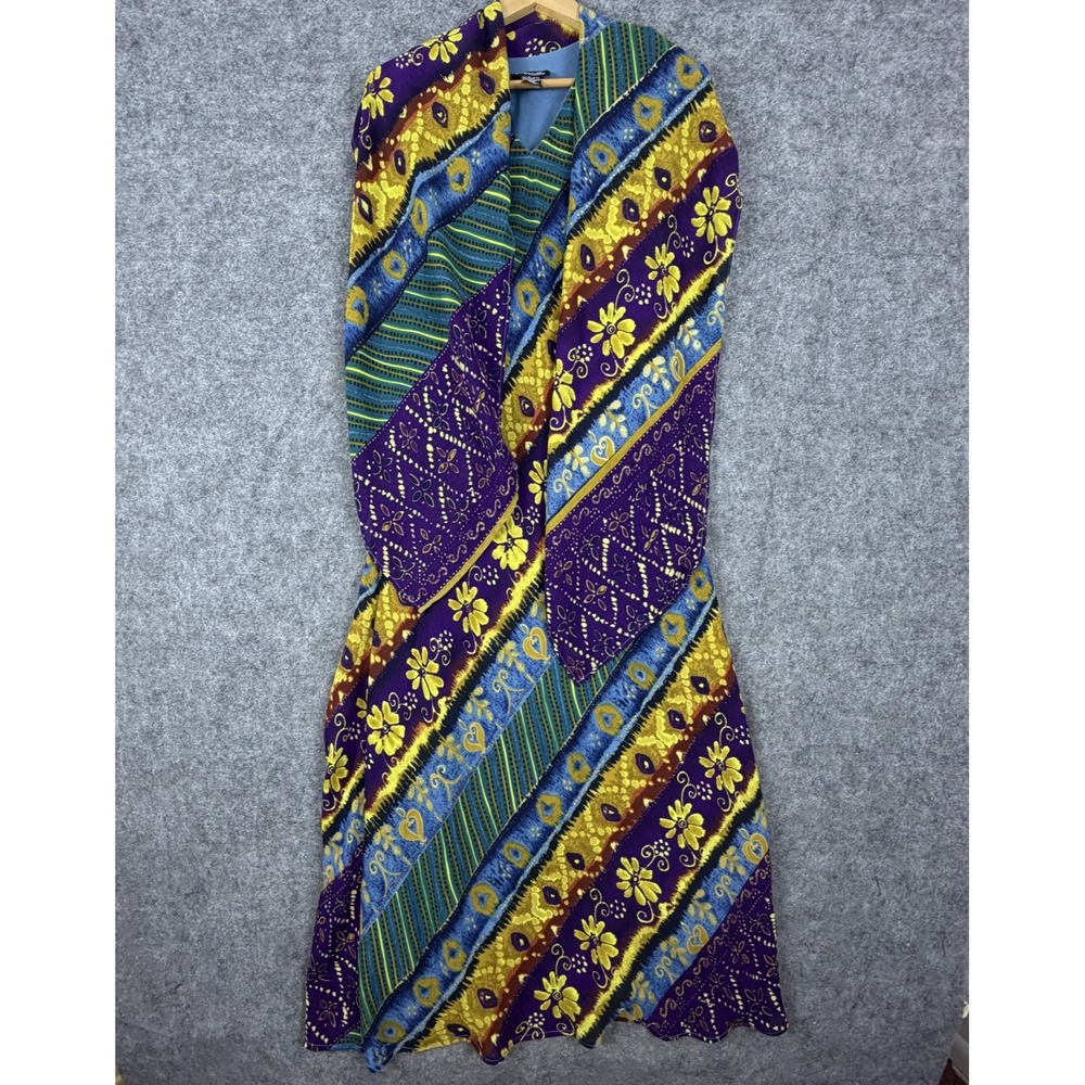 Vintage Gabrielle Dress Womens M Green Purple Floral Attached Wrap Boho Hippie